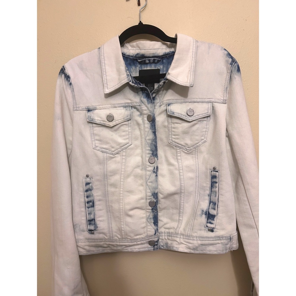 DKNY Jeans Denim Jacket Womens Large White Bleached Excellent Distressed Trucker